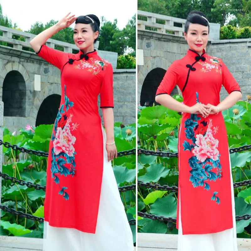 Etnische kleding 2023 Vietnam Ao Dai Cheongsam Folk Dance Dress Style Qipao Chinese voor vrouwen Traditionele rode bloemen