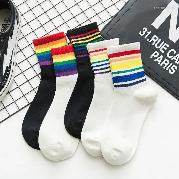 Women Socks Rainbow Woman Cotton White Black Sock Colorful Striped Ladies Hiphop Fashion Harajuku Skateboard Sporty Sox Meias