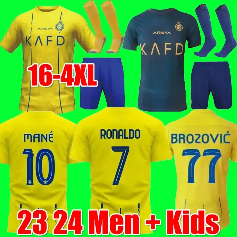 23 24 Al Nassr FC Fußballtrikots Ronaldo 2023 2024 Home Gelb Auswärts CR7 Gonzalo Mane Martinez Talisca Damen FANS Spielerversion Herren Kinderset Fußballtrikot Al-Nassr