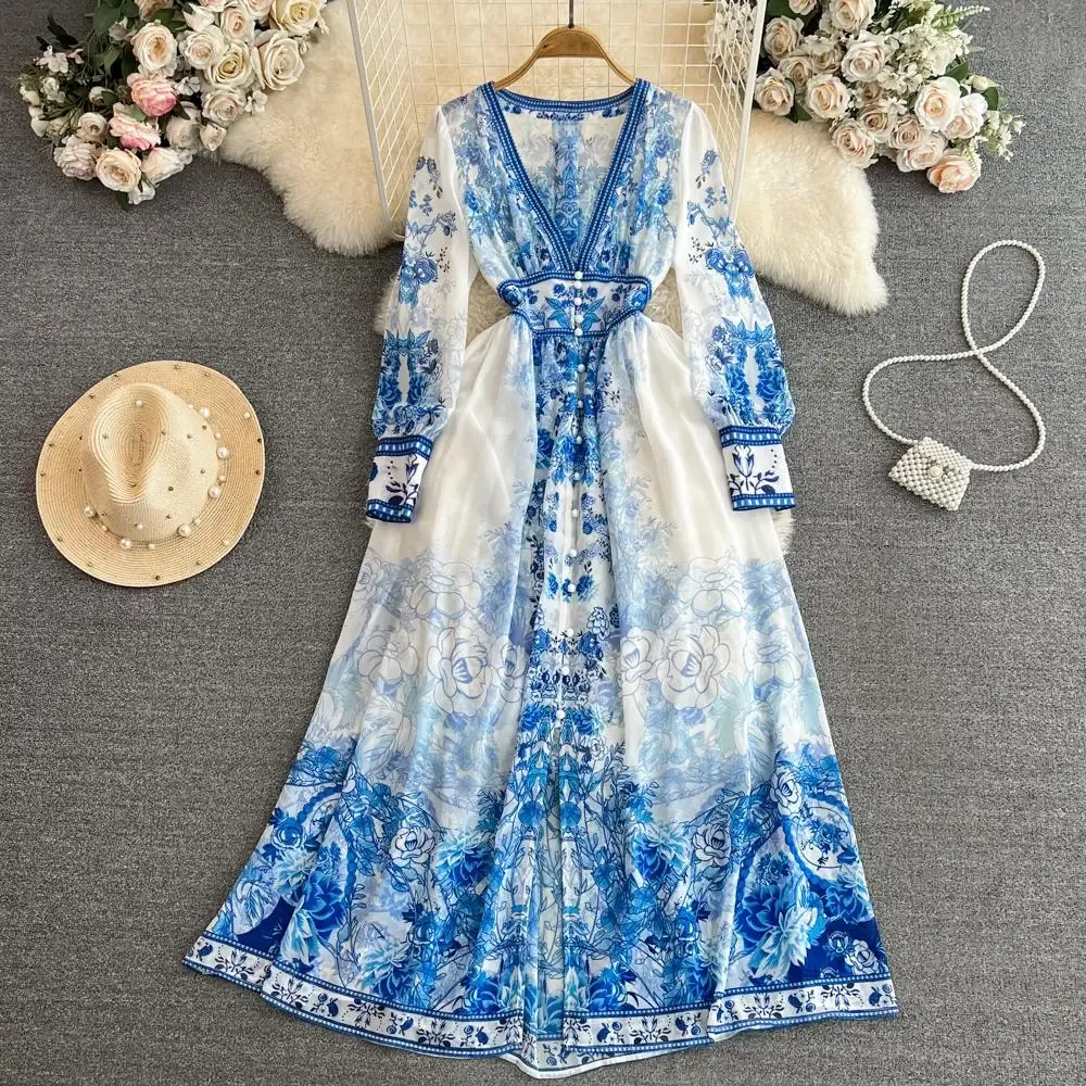 Grundläggande casual kvinnliga klänningar tidigt på våren semester lång klänning kvinnor runway v-hals blå blomma tryckt lykta ärm hög midja semester boho vestidos 2024