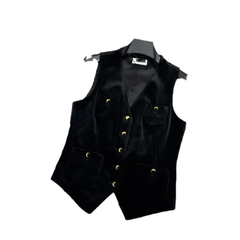 1028 XL 2023ミラノ滑走路コート秋の同じスタイルコートvネックブラック高品質の袖なし黒女性服ファッションメウジ