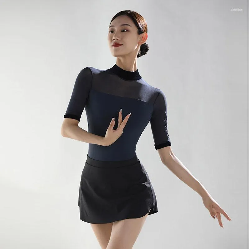 Vêtements de scène Ballet danse justaucorps femmes demi manches col haut gymnastique danse Costume adulte ballerine Dancewear justaucorps