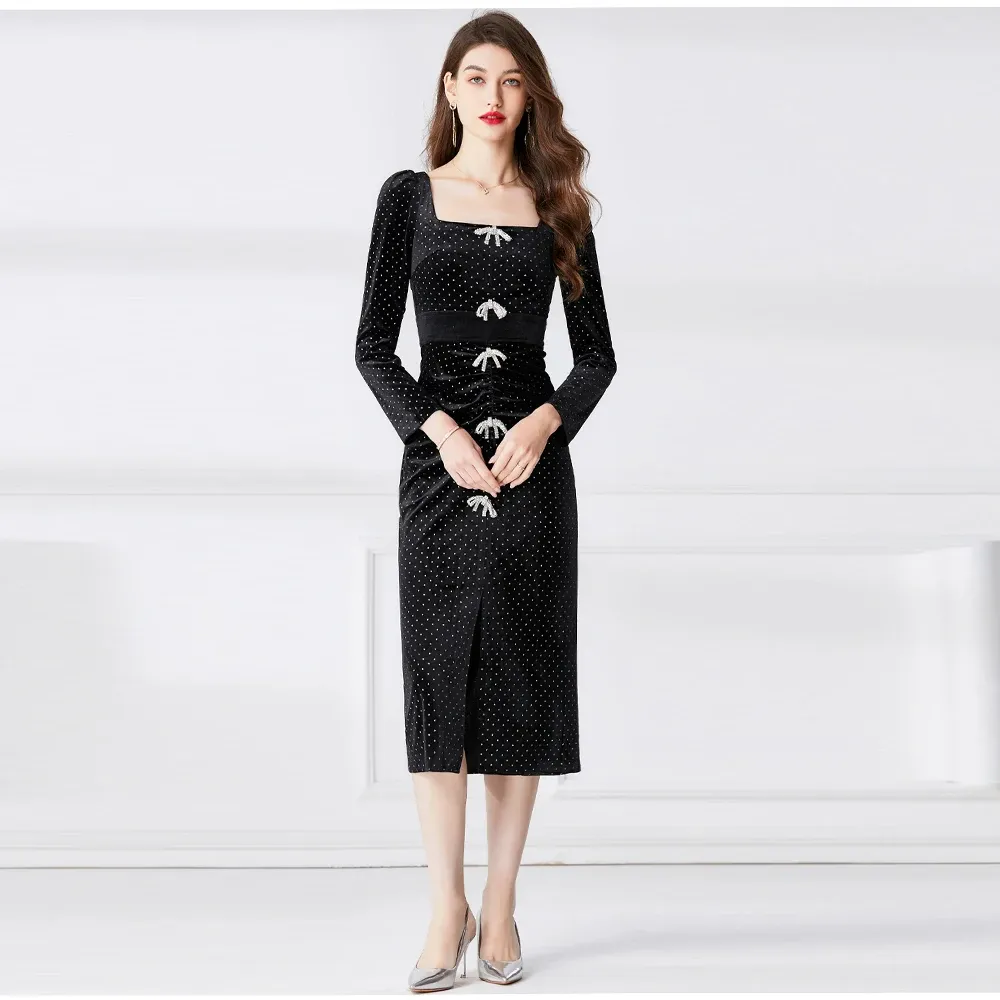 Elegant Black Polka Dot Dress with Beaded Bow and Split Wrap