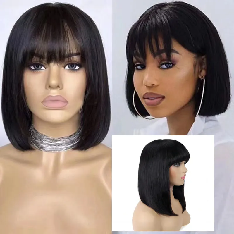 Bob Wig with Bang 100 ٪ Human Hair 14 Ing Wig Natural Olor يمكن تصبغه بسهولة.