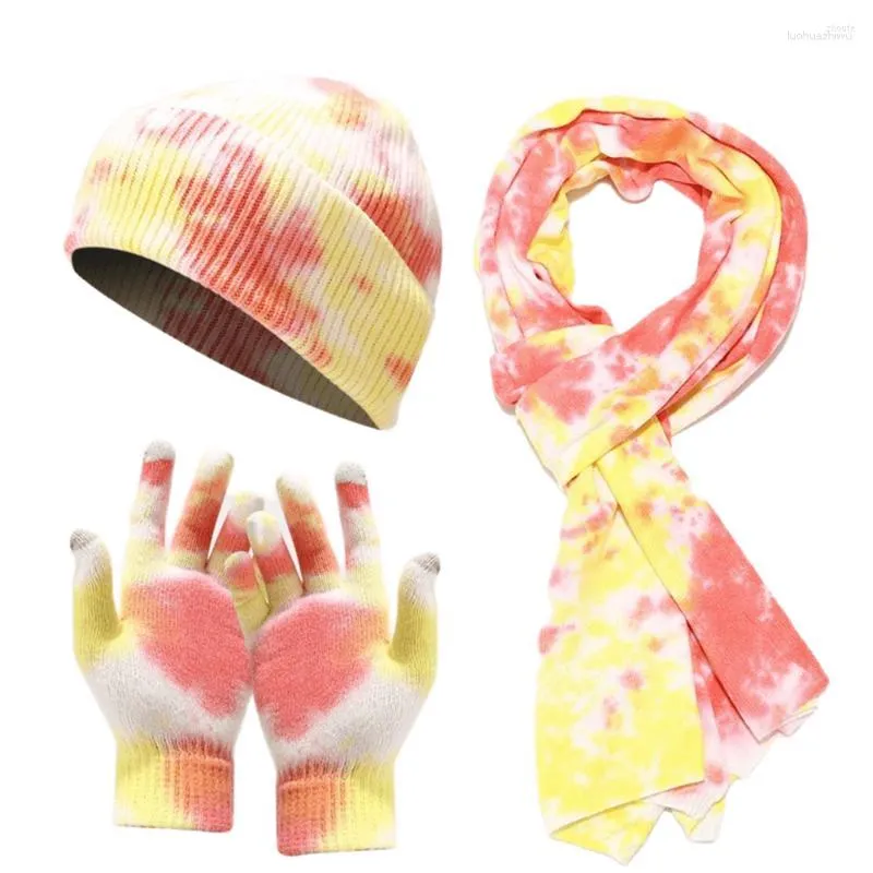 Berets Tie-dye Knitted Hats Gloves Scarf Suits Women Winter Outdoor Cold-proof Bonnet Beanie Hat Men Three-piece Beanies