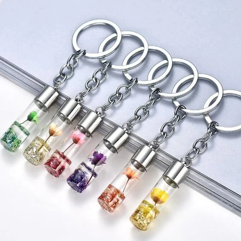 Keychains Fashion Natural Eternal Flower Keychain Forest Dried Plants Key Chains Glass Wishing Bottle Keyrings Holder Women Bag