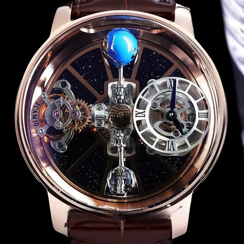 BZF Astronomia Tourbillon Swiss Quartz Mens Watch Rose Gold Steel Case Sky Skeleton 3D Globe Dial won't spin Brown Leather 2817