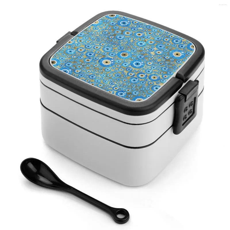 Dinnerware Greek Blue Glass Evil Eye Amulet Bento Box School Kids Office Worker 2Layers Storage