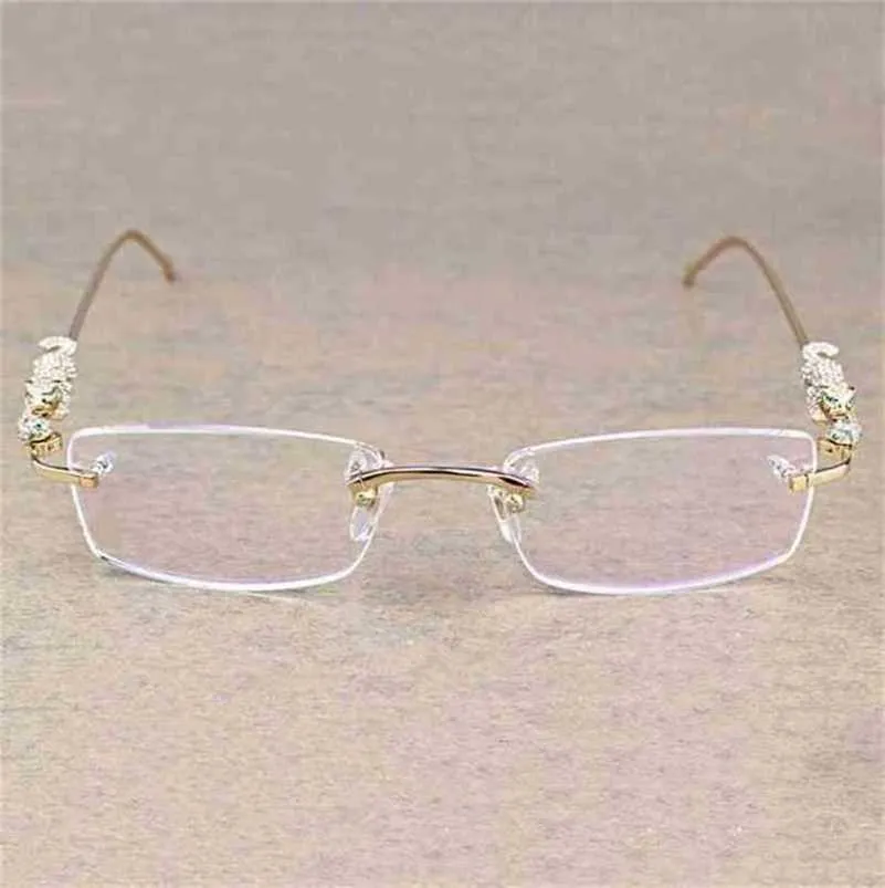 20% de réduction pour les créateurs de luxe Vintage Leopard Rimless Clear Stone Lunettes transparentes Cadre Lunettes Hommes Accessoires Oculos Lunettes 6384Kajia