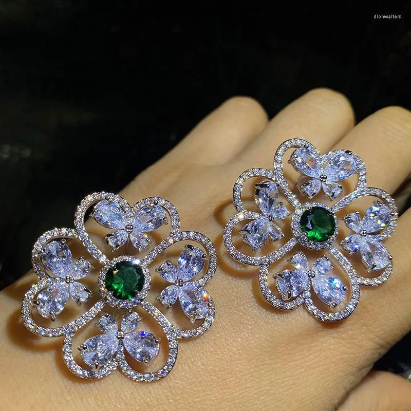 Boucles D'oreilles De Luxe Zircon De Mariée Fleur Vert Zircone Boucle D'oreille De Mariage Pour Les Mariées Accessoires Femmes Soirée Robe De Soirée Bijoux