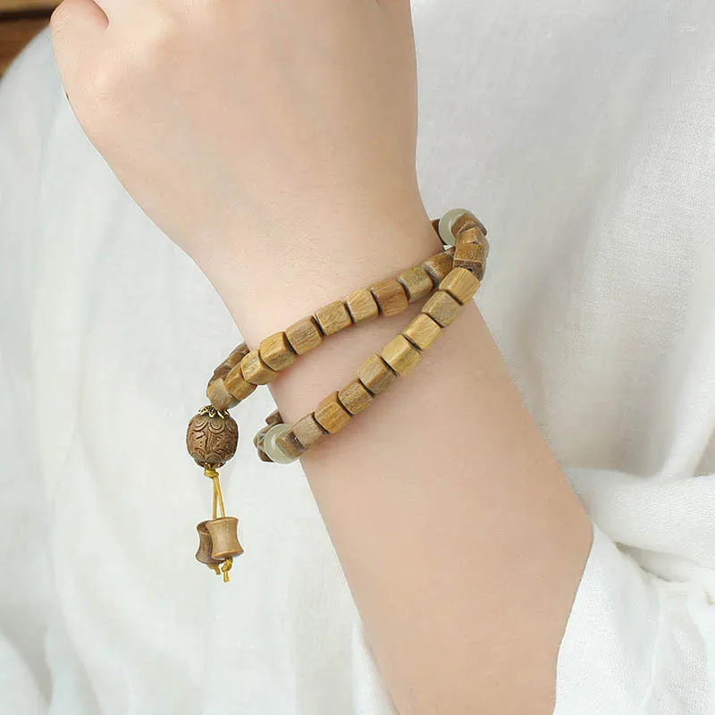 Bracelet bloc de bois de santal vert de Style chinois, pendentif en bois pour étudiant, coton et lin, accessoires de bijoux lumineux simples