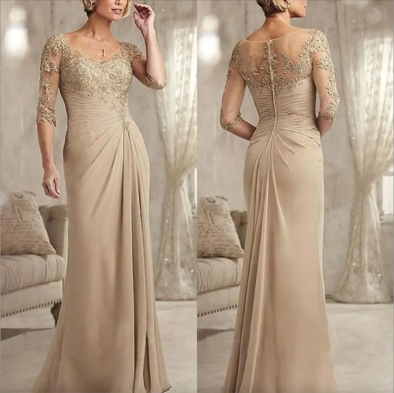 2023 Mãe de renda com miçanga dos vestidos de noiva Champagne Plus Size Chiffon Half Sleeves Groom Madro