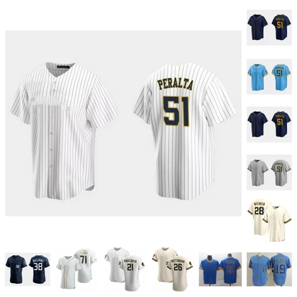 Anpassen 6 Owen Miller 24 William Contreras Baseball-Trikot 39 Corbin Burnes 30 Craig Counsell 53 Brandon Woodruff 51 Freddy Peralta 19 Robin Yount Youth-6xL