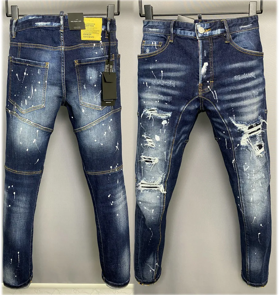 Blauwe heren Ripper Robin Jeans denim broek skinny fit slanke stretch heren Biker Jean broek patchwork noodlijdende letter geschilderd gat vintage uitgehold