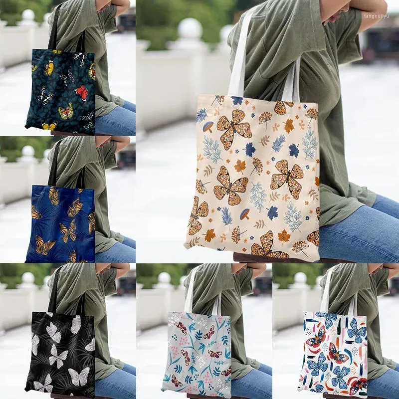 Sacos de compras Saco de lona casual grande bolsa feminina ambiental retro borboleta capacidade de impressão pode ser lavada