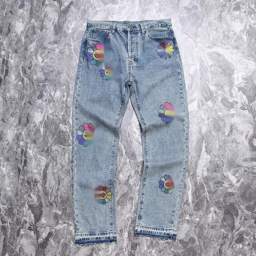 Jeans masculinos high street wash angustiado colorido diamantes quentes girassol tubo reto solto moda jeans para homem e mulher