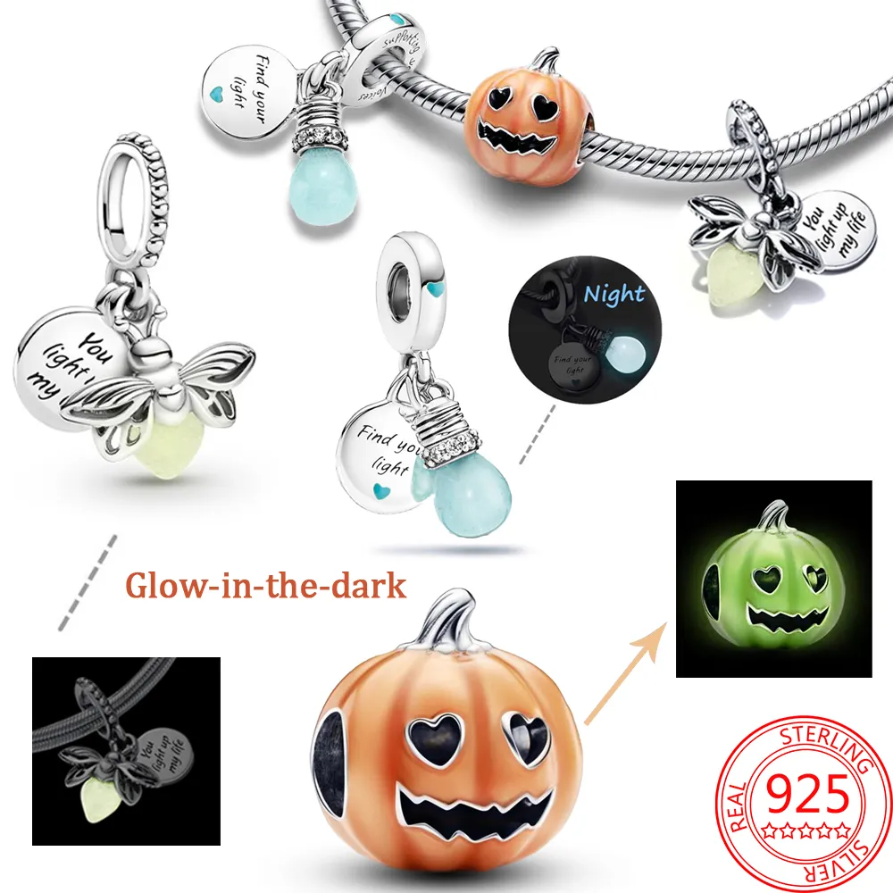 Srebro 925 Fit Pandora oryginalne charms DIY wisiorek kobiety bransoletki koraliki świecące w ciemności żarówka podwójne zwisają