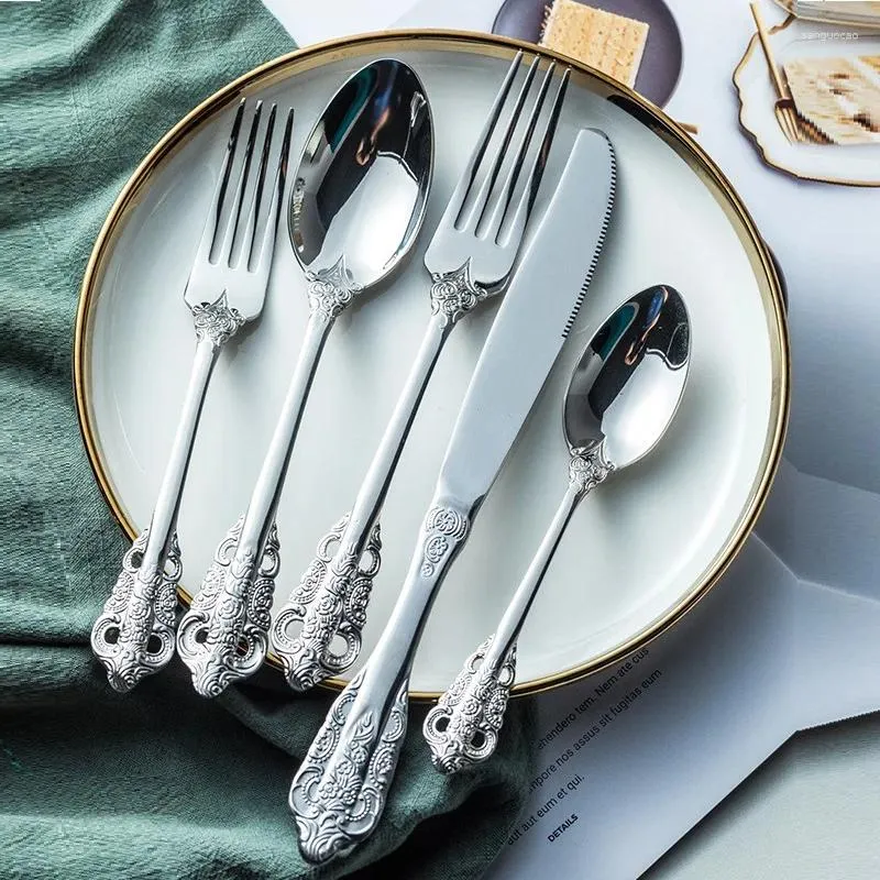 Dinnerware Sets 20 Piece Service For 4 Baroque Royal Luxury Gold Black Cutlery Set Stainless Steel 18/10 Flatware Vintage Wedding Silverware