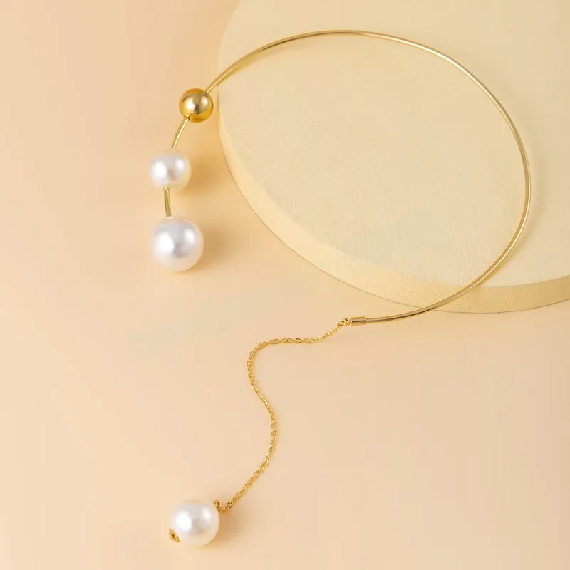 Vintage Fashion Imitation Pearl Tassel Torques For Women Elegant Gold Color Metal Choker Statement Chain Halsbandsmycken