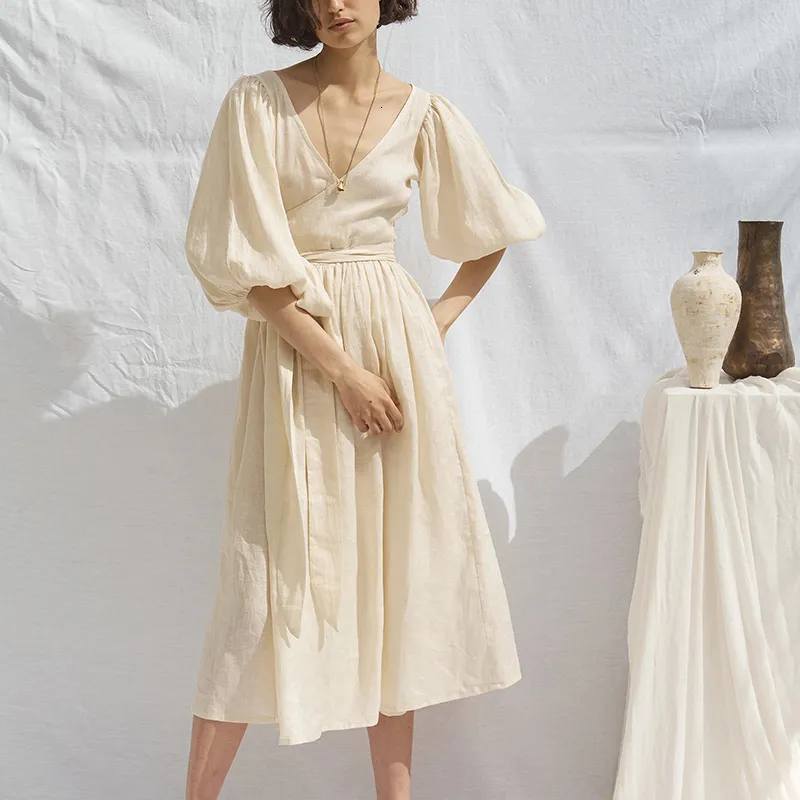 linen midi dress beige Midi Linen Wrap Dress (Beige and Orange) M main image 0