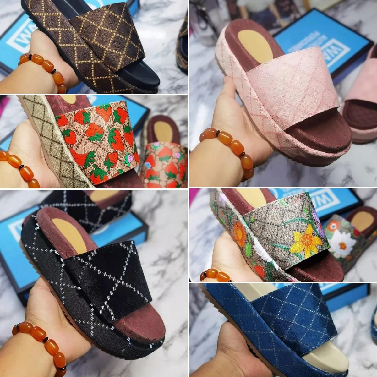 Pantofola con plateau per donna Pantofole con alfabeto ricamato Scivoli in tessuto Sandalo con fondo spesso alla moda con scatola