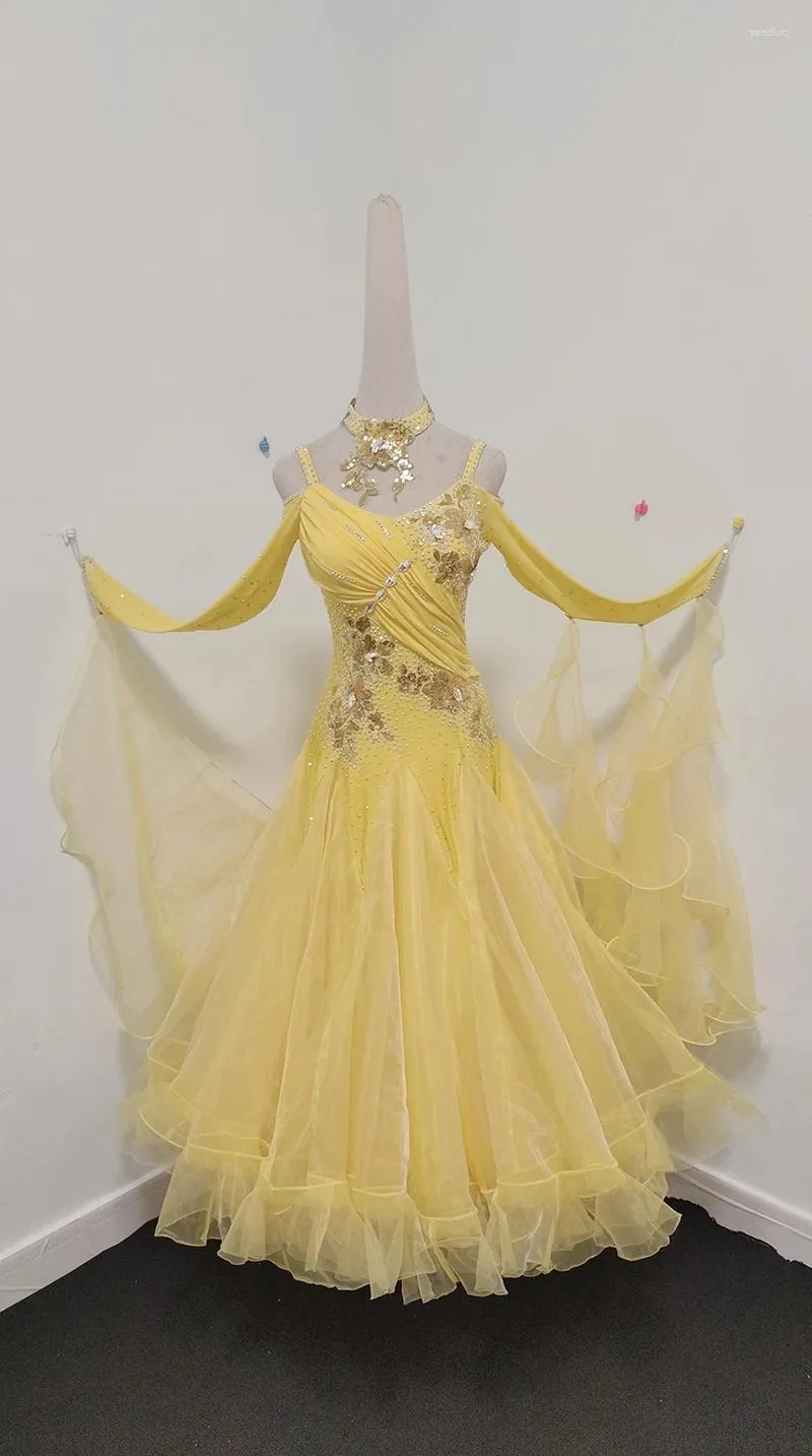 Сценическая одежда, расширенное бальное платье для соревнований, женское элегантное желтое платье для вальса, женские стандартные платья