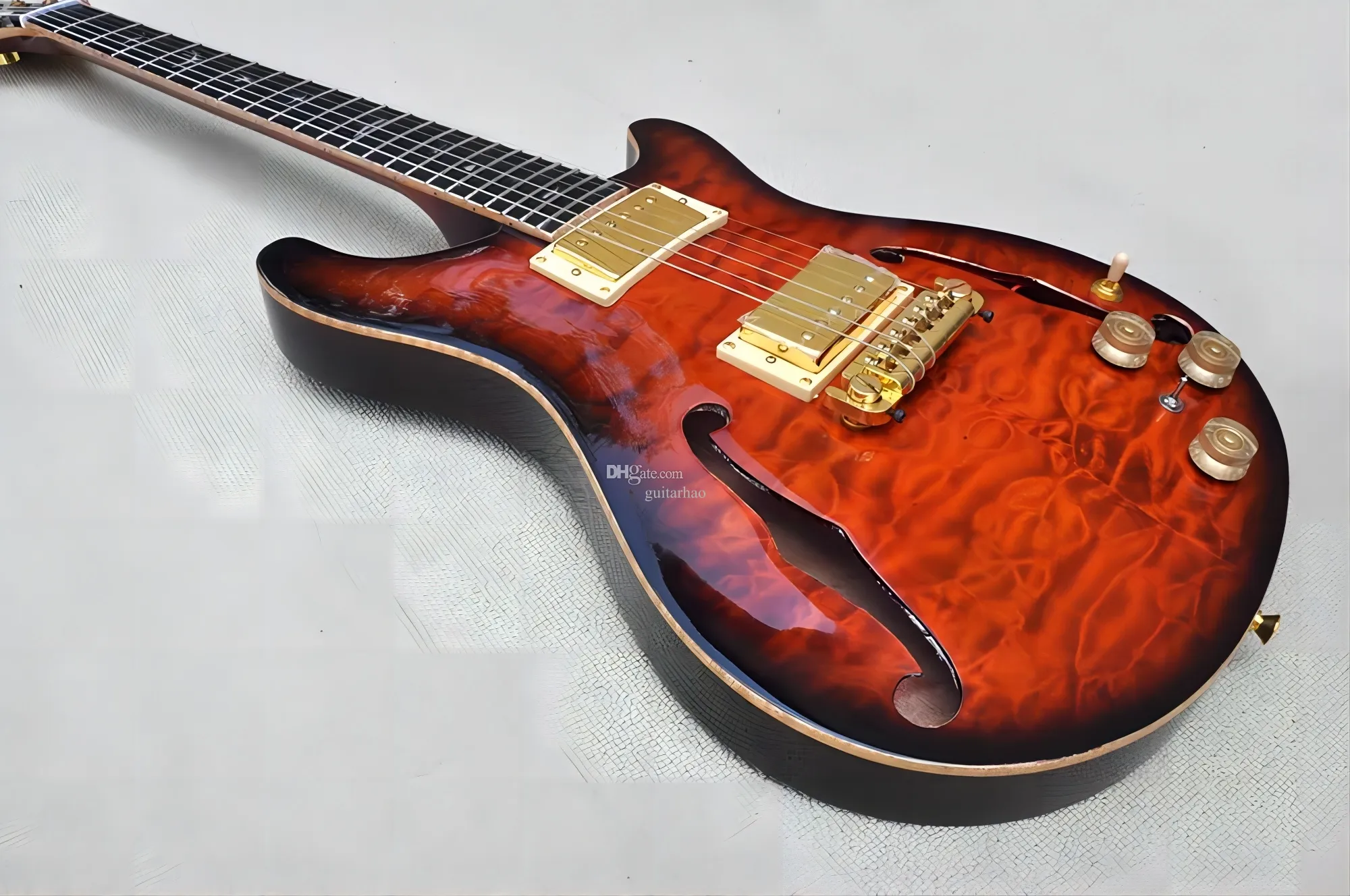 Factory Custom Semi-hollow Body Brown Electric Guitar With Quilted Maple Veneer,Gold Hardware,Ebony 258