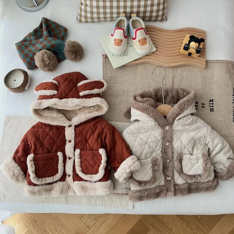 Down Coat Children's Hooded Kids Jacket för pojkar och flickor vinter söta corduroy förtjockad