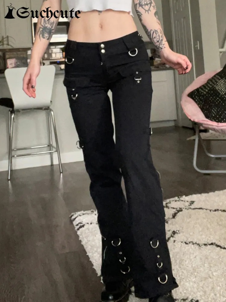 Damenjeans SUCHCUTE Punk Nieten Reißverschluss Schwarze gerade Jeans Gothic Low Waist Damen Jeanshose Ästhetische Streetwear Dark Academia Pants 230404