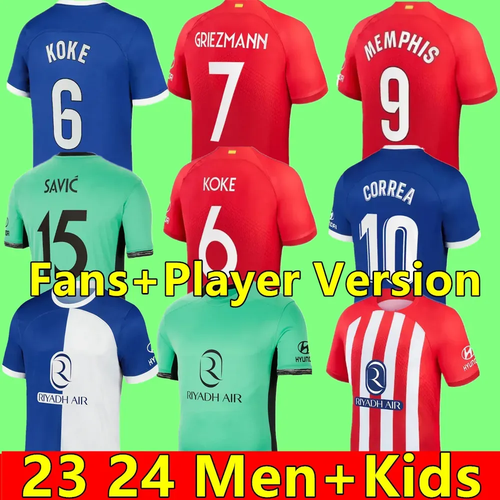 Atletico Madrids Soccer Jerseys Griezmann 2023 2024 120e anniversaire 23 24 M.Llorente Koke Saul Correa Lemar Football Kirt Men Kit Kit Set Uniforms