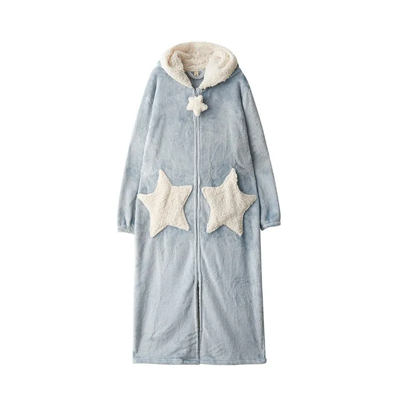 Version coréenne de chemise de nuit femmes chemise de nuit étoile velours corail épais pyjamas hommes automne et hiver style long