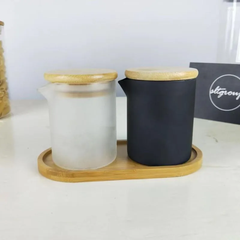 Bougeoirs Usage Domestique Verre Sablage Réservoir De Stockage Blanc Et Noir Faire Des Bocaux Avec Plateau En Bambou Conteneur Bec