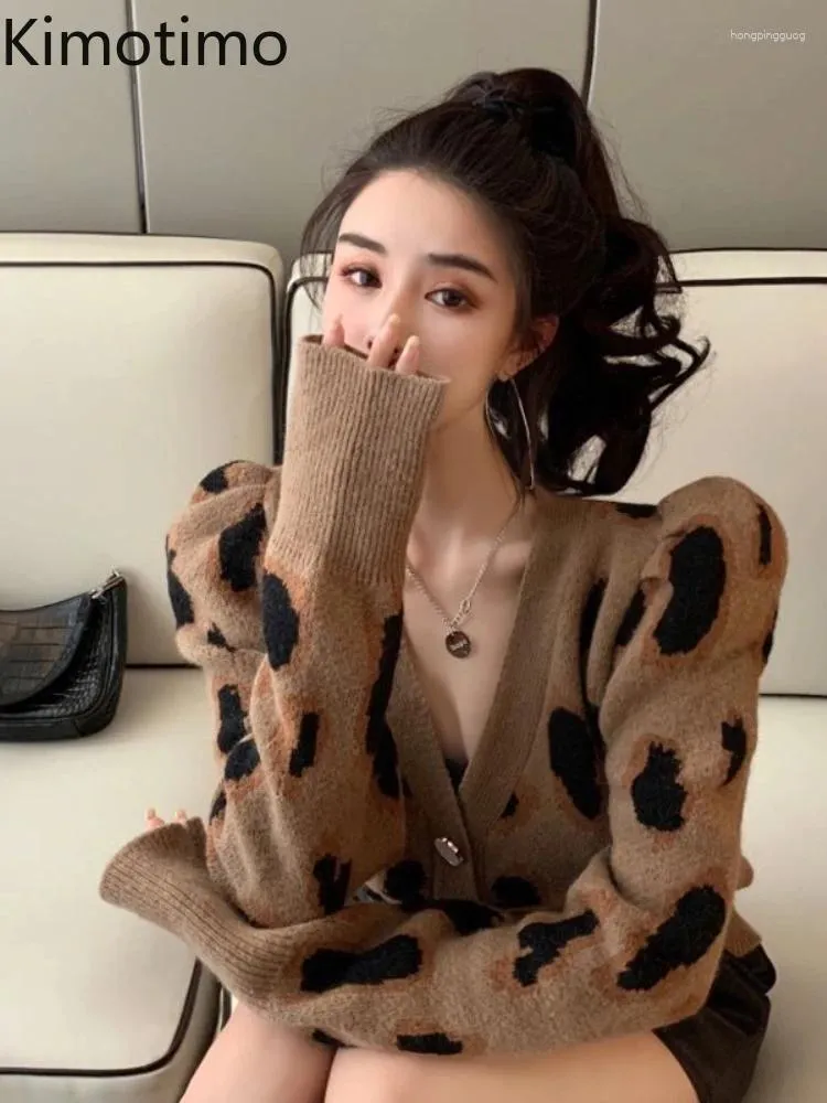 Suéteres femininos Kimotimo leopardo impressão v pescoço de malha cardigan mulheres outono inverno puff manga magro suéter curto francês vintage longo top