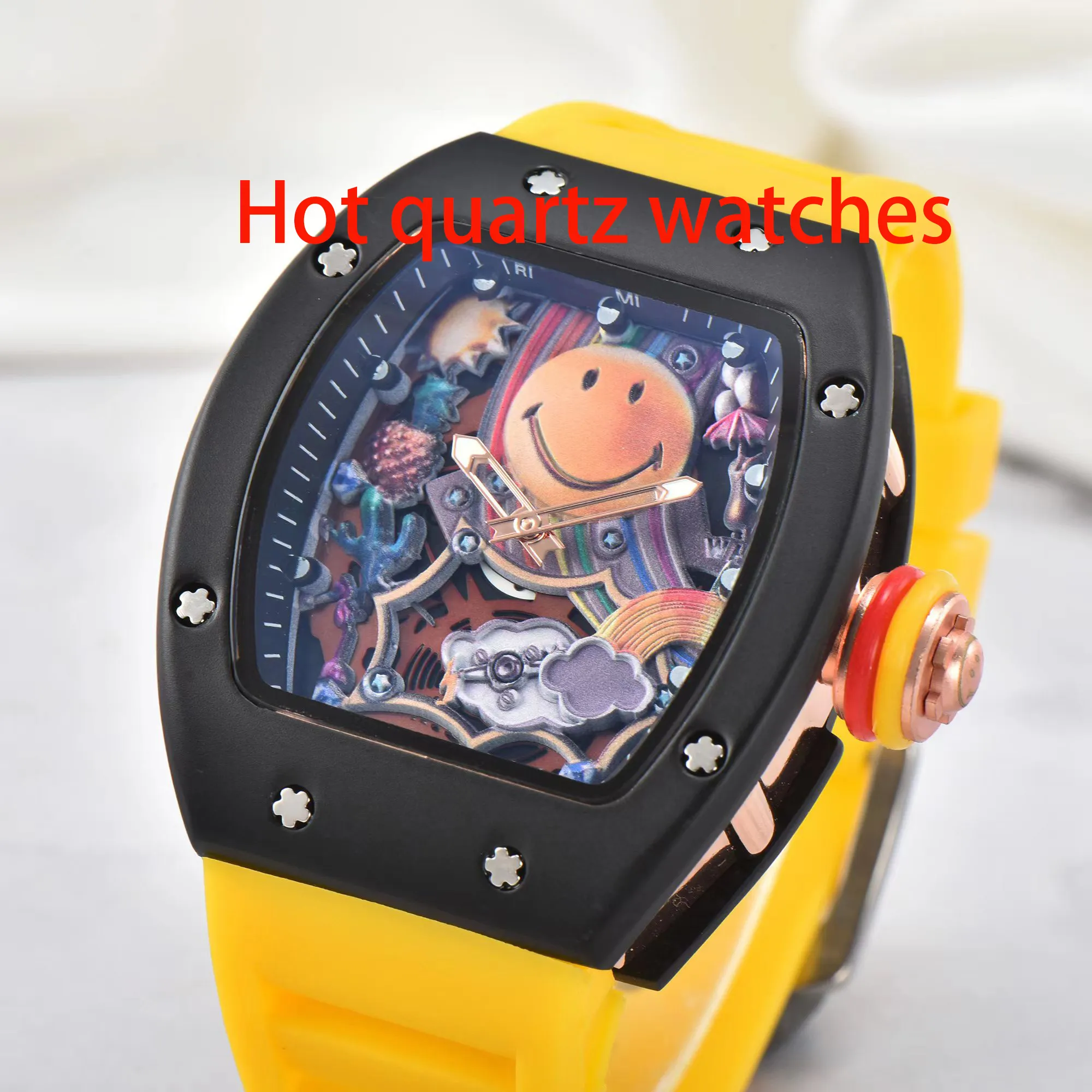 New Hot Ri-Mi Mens 럭셔리 스포츠 시계 디자이너 브랜드 워치 폴리 스마일 페이스 페이스 다이얼 쿼츠 손목 시계 남성 패션 실리콘 스트랩 멀티 컬러