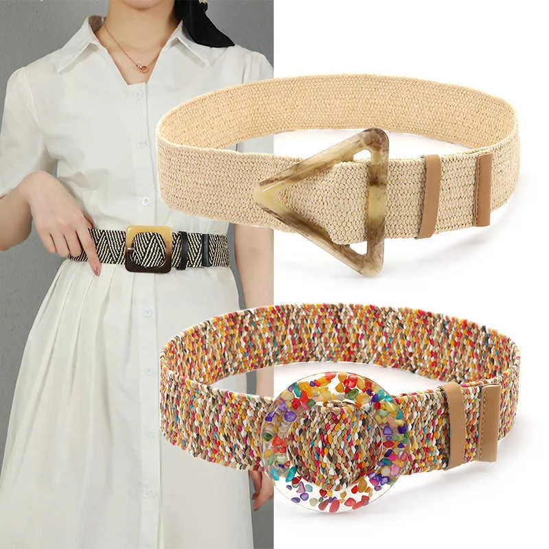 Cintos Ladies DeSigenr Straw decorativo Cintura larga Corrente Moda Boho Cintura elástica Vestido de vestuário Acessórios para mulheres Z0404