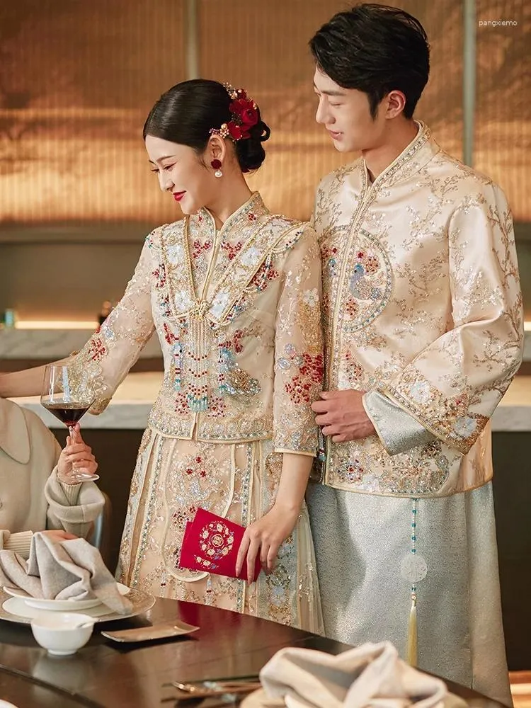 Ethnic Clothing Women Man Oriental Toast Retro Chinese Champagne Wedding Dress Vintage Sparkly Sequins Beading Cheongsam Qipao Vestido