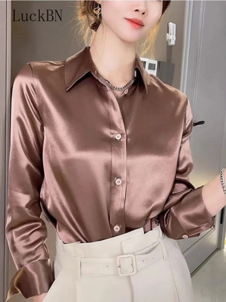 Koszulki damskie Blouses Marka jakość luksusowa koszula elegancka guzika biurowa w górę koszule z długim rękawem Momi jedwabna krepa satynowa bluzki biznesowe panie