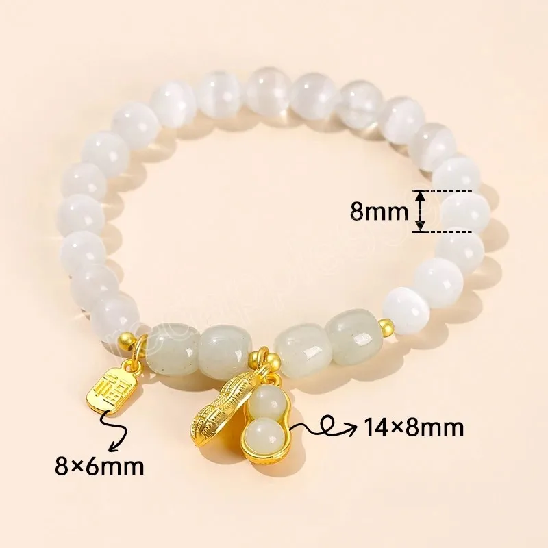 Natural White Cat Eyes Stone Alloy Peanut Pendant Armband Women Korean Fashion Lucky Bead Elastic Armband Girls Jewelry