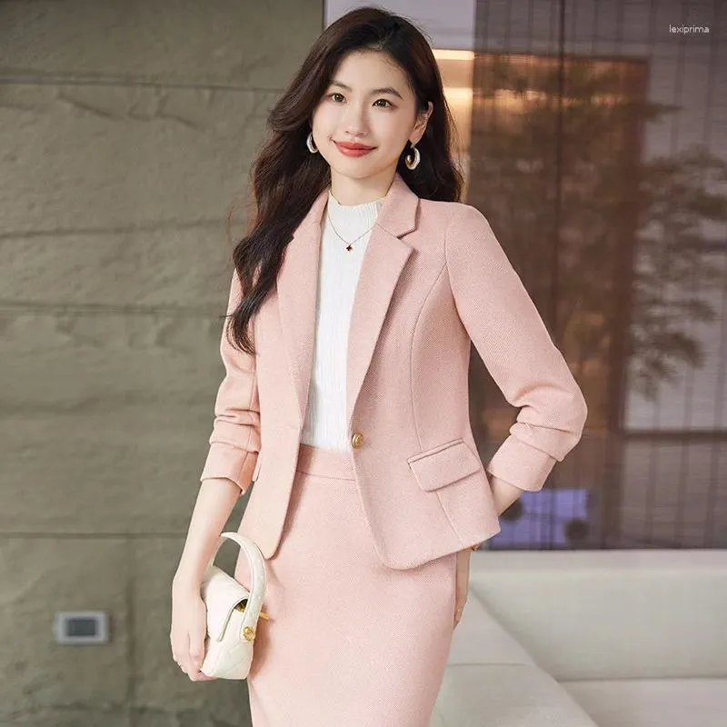 Two Piece Dress Ladies Elegant Pink Skirt Suits With And Blazer Coat Autumn  Winter Formal Professional Blazers Femininos Outfits Set