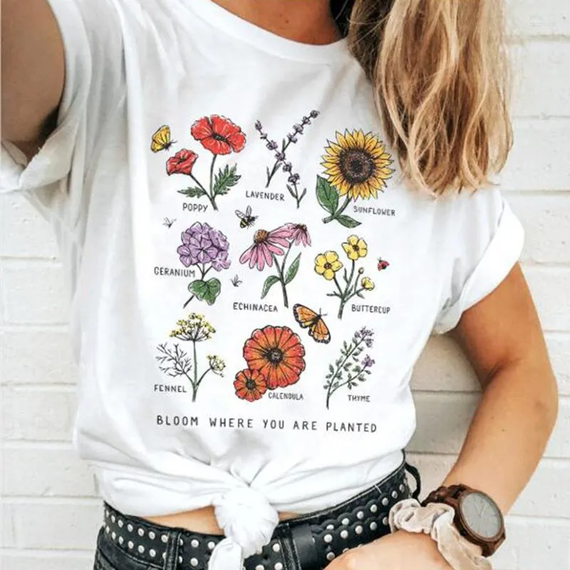 Dames t -shirts bloeien waar je bent geplant botanische bloemenprint vrouwen toevallige shirt shirt katoen zonnebloemen tops kleurrijke grafische tee girls