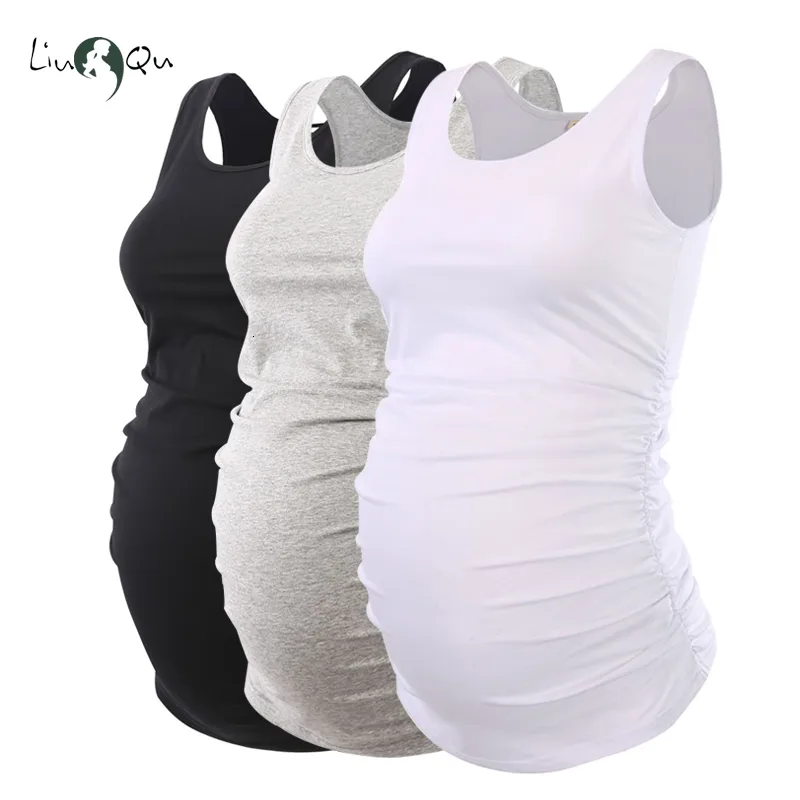 قمم الأمومة المحملات Liu qu Mama Tops الأمومة ، خزان الأمومة ، قميص الحمل ، قميص Tee Side Side Ruched Vest STIP S-XL 230404