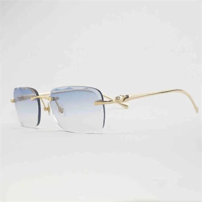 2023 Gafas de diseñador Nuevas gafas de sol sin montura de corte de diamante vintage Hombres Mujeres Estilo de leopardo al aire libre Gafas Gafas transparentes Marco de comida culos Sombras con estuche