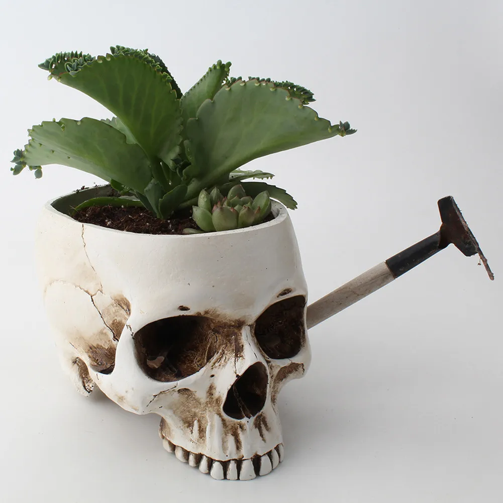 Planters Pots Resin Skeleton Desktop Flower Pot Planter Sculptures Home Garden Office Decor Container Skull Design Model Craft Decoration 230404