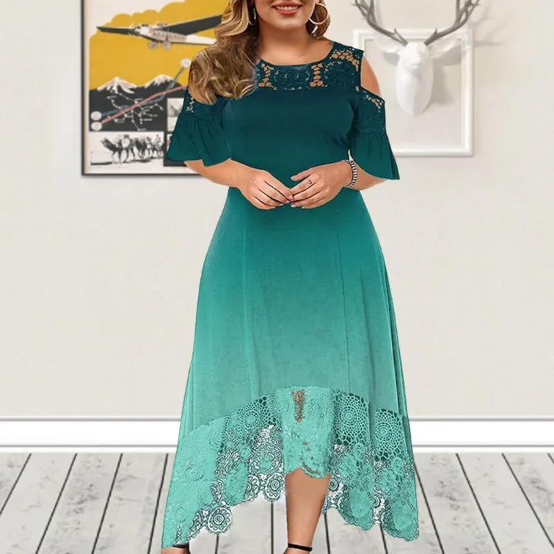 Casual Dresses Gorgeous Elegant Dress Breattable Evening O-Neck Crochet Spets Splice Overdimensionerad klänning midja tätt