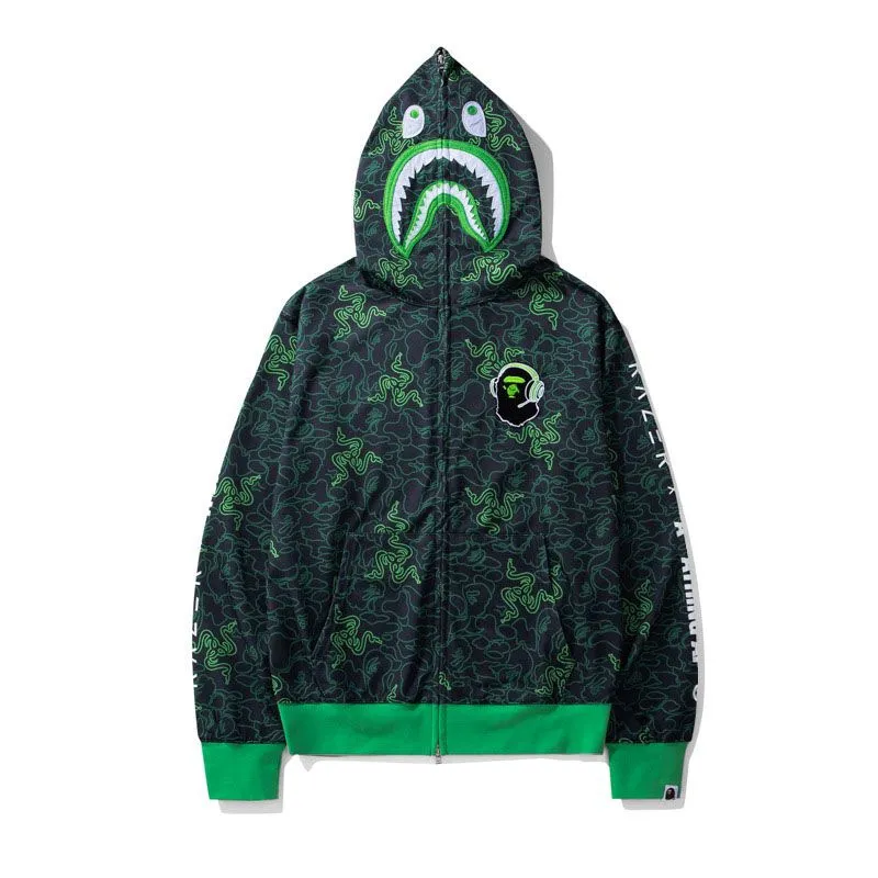 A Bathing Ape X Razer Shark Hoodie Full Zip Neon Green Cotton