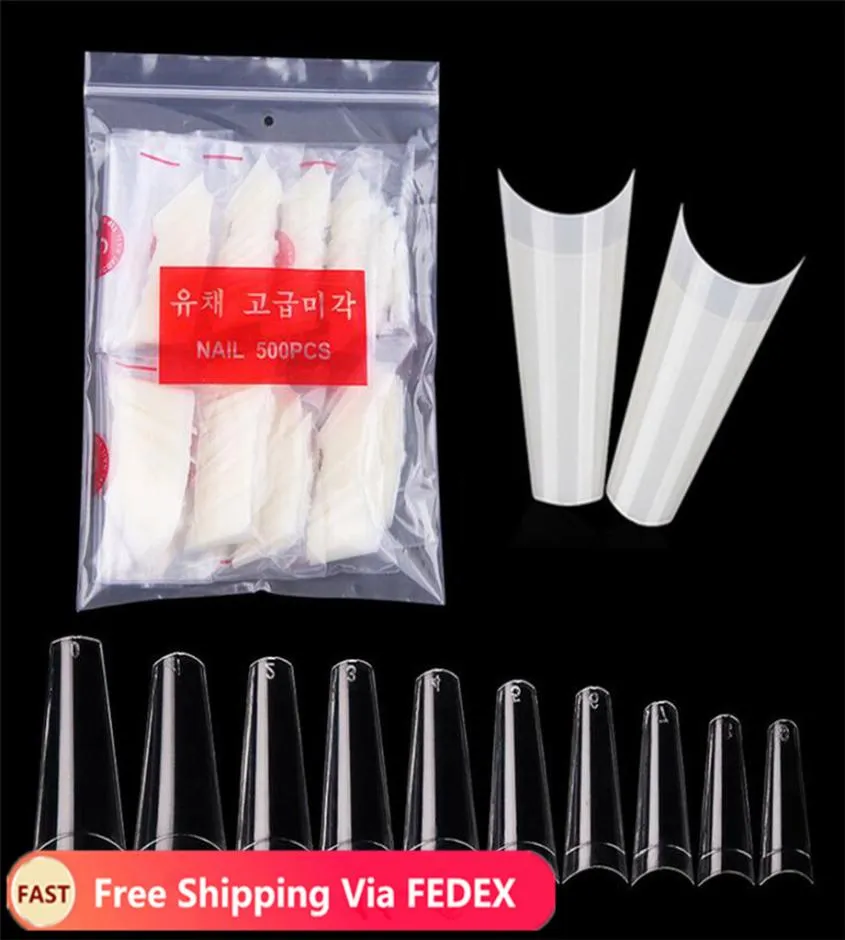 500PCSBAG 10サイズBallerina Nail Tipsフレンチコフィンフェイクハーフカバーネイルクリアナチュラルフラットシェイプネイル偽爪1208392