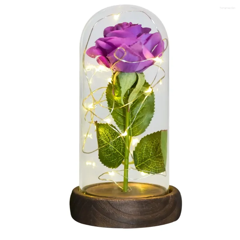 Fiori decorativi Rosa eterna in cupola di vetro con base in legno luminosa a LED, regali di Natale per le donne-viola