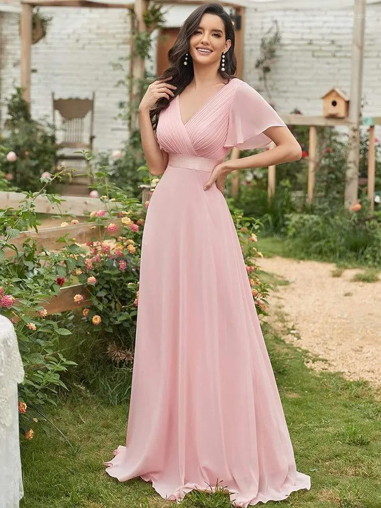 Abiti da festa Donna Rosa damigella d'onore lungo elegante A Line scollo a V volant abito da sposa formale in chiffon 2023 Prom