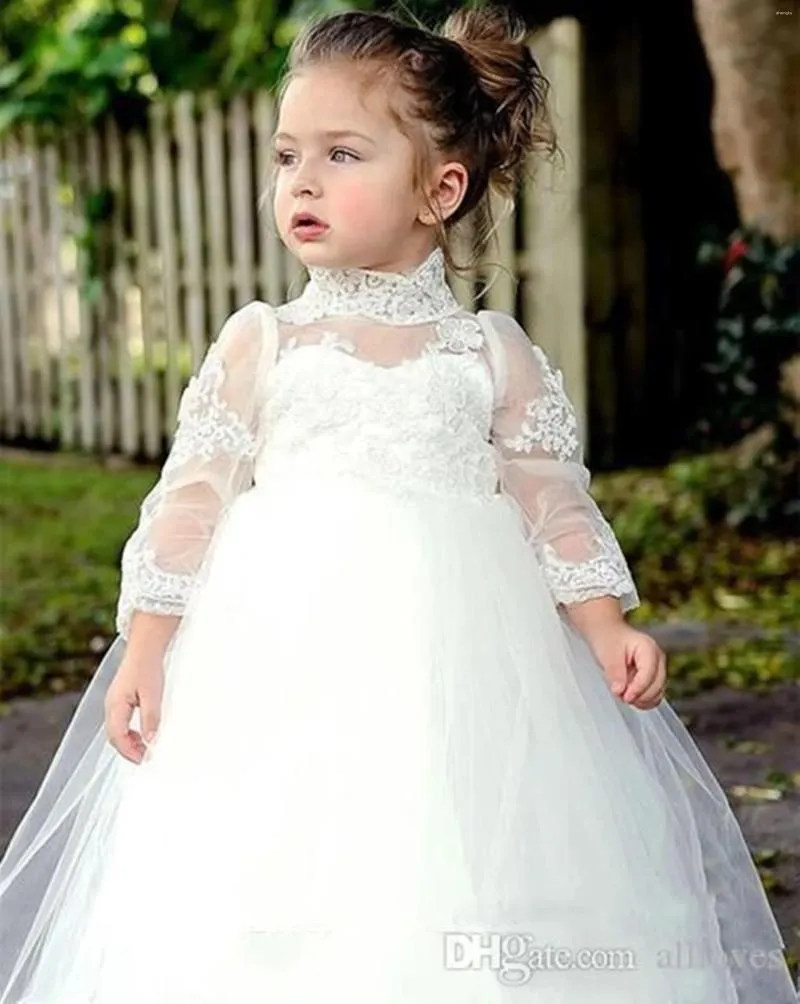 Sukienki dla dziewczynki biały koronkowy kwiat tiulowy na wesele puszystą suknię z długim rękawem.