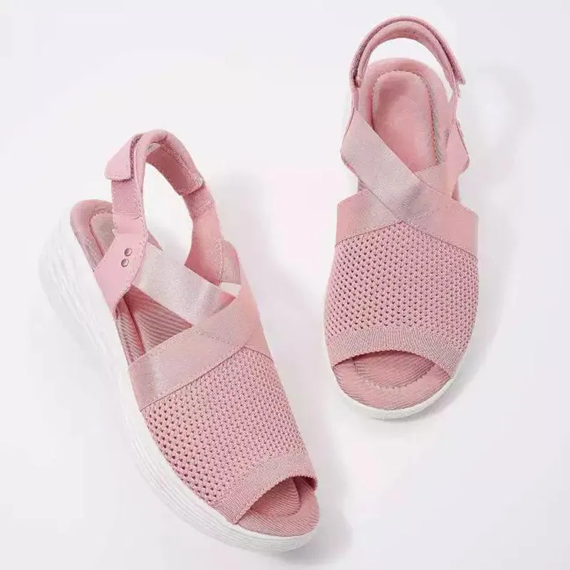 Sandalet 2023 Yaz Moda Sıradan Bayanlar Saf Renk Örgü Mesel Ayarlanabilir Eğim Topuk Rahat